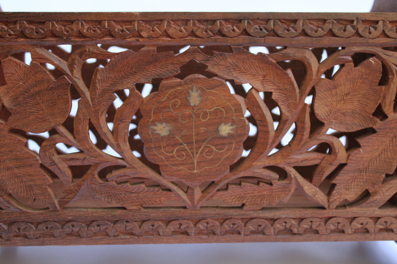 photo of vintage India ornately carved wood magazine rack or sewing stand, teak or sheesham wood w/ folding design #3