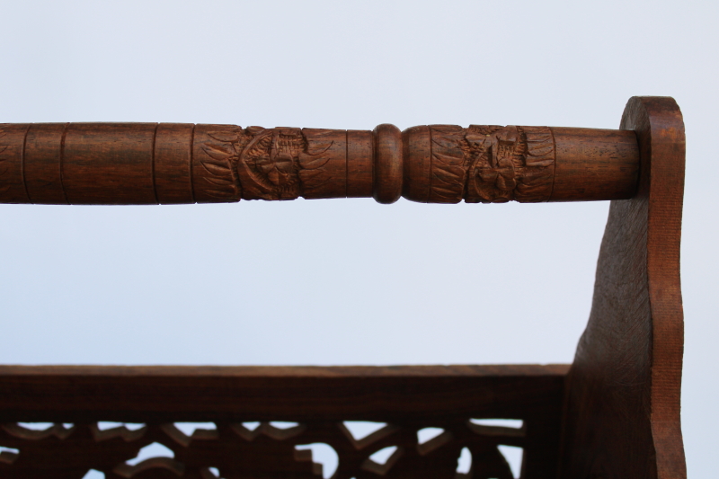 photo of vintage India ornately carved wood magazine rack or sewing stand, teak or sheesham wood w/ folding design #4