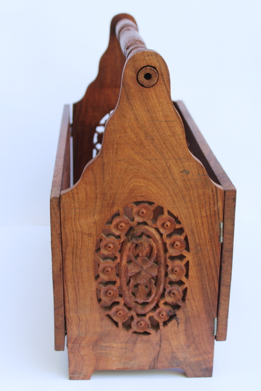 photo of vintage India ornately carved wood magazine rack or sewing stand, teak or sheesham wood w/ folding design #5