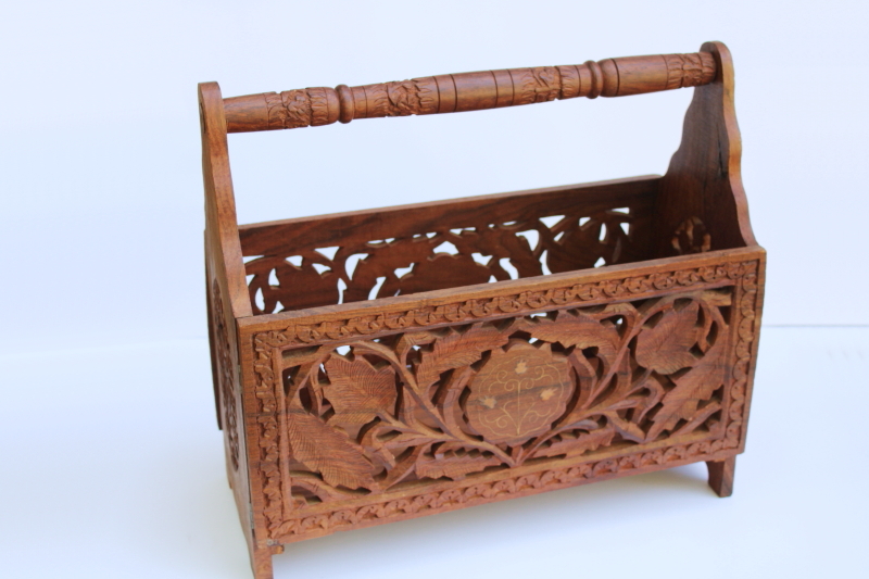 photo of vintage India ornately carved wood magazine rack or sewing stand, teak or sheesham wood w/ folding design #6