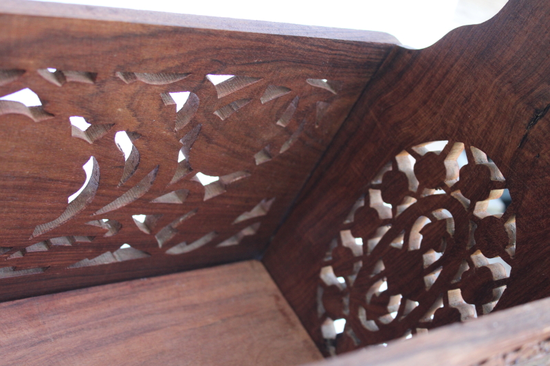 photo of vintage India ornately carved wood magazine rack or sewing stand, teak or sheesham wood w/ folding design #7
