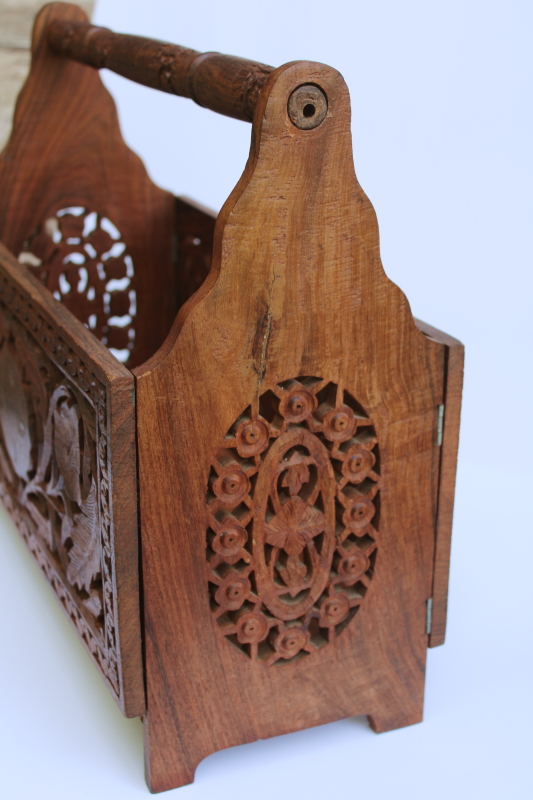 photo of vintage India ornately carved wood magazine rack or sewing stand, teak or sheesham wood w/ folding design #8