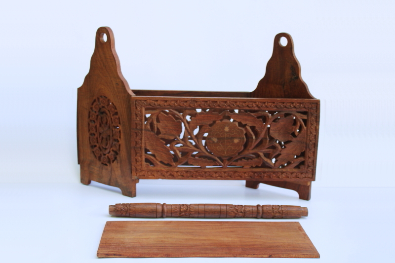 photo of vintage India ornately carved wood magazine rack or sewing stand, teak or sheesham wood w/ folding design #9