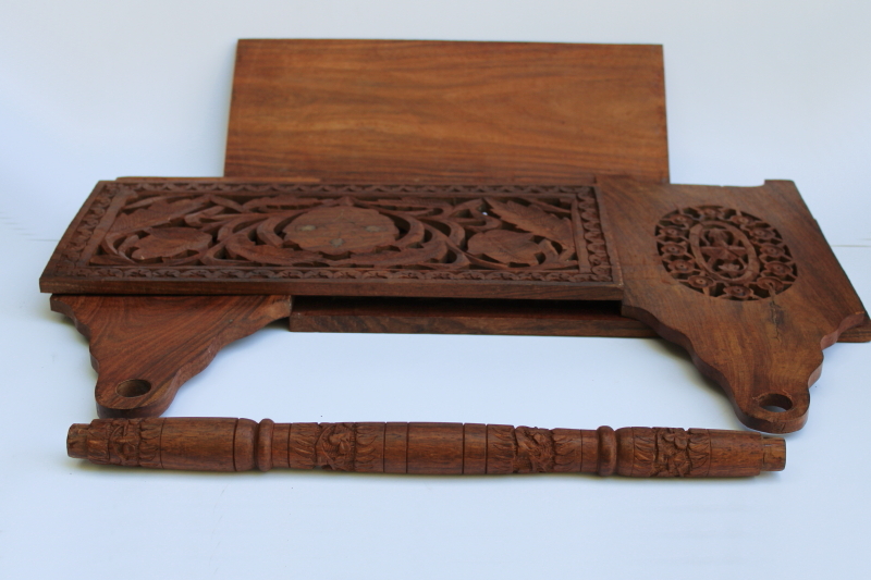 photo of vintage India ornately carved wood magazine rack or sewing stand, teak or sheesham wood w/ folding design #10