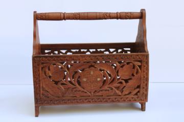 catalog photo of vintage India ornately carved wood magazine rack or sewing stand, teak or sheesham wood w/ folding design 