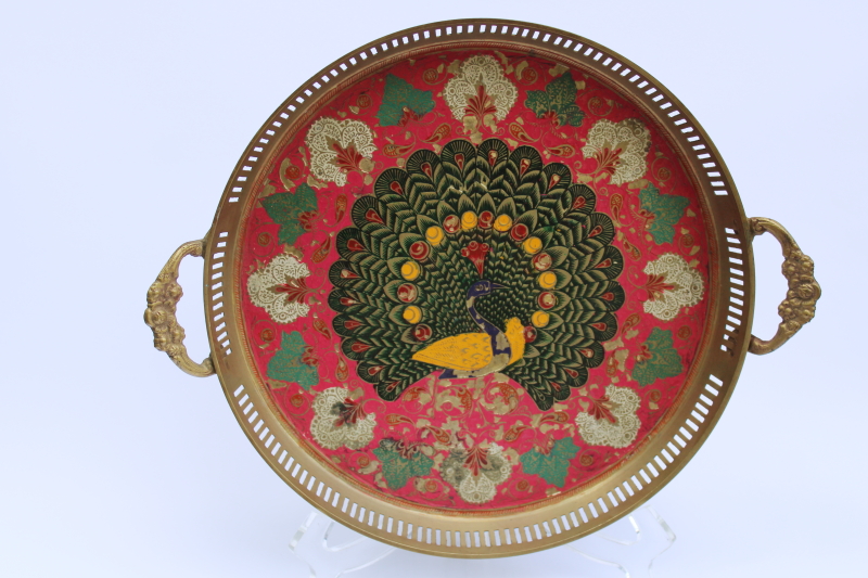 photo of vintage India solid brass tray etched peacock & paisley design, hand painted tray  #1