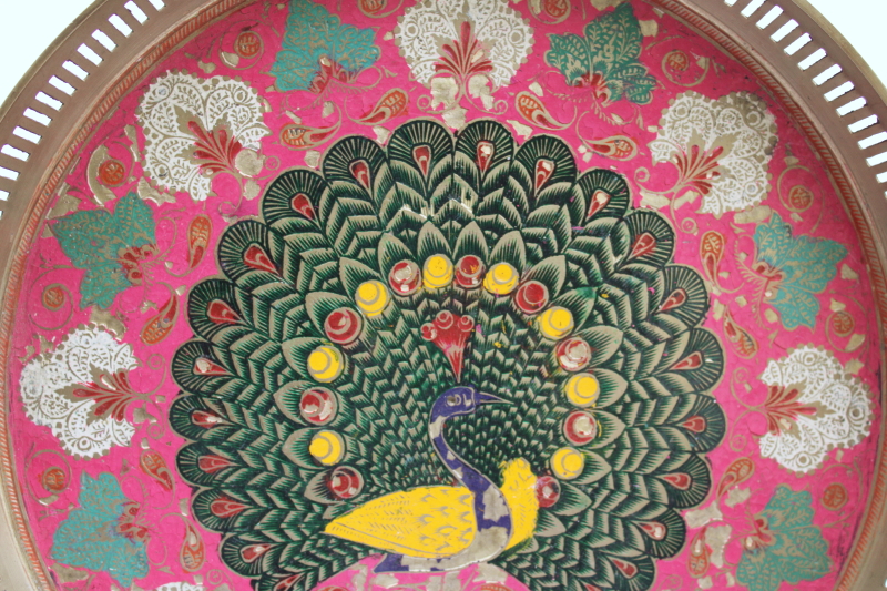 photo of vintage India solid brass tray etched peacock & paisley design, hand painted tray  #2