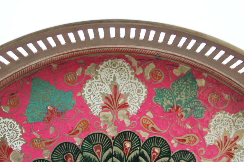 photo of vintage India solid brass tray etched peacock & paisley design, hand painted tray  #3