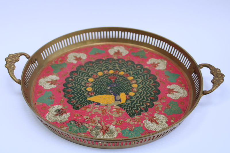 photo of vintage India solid brass tray etched peacock & paisley design, hand painted tray  #4