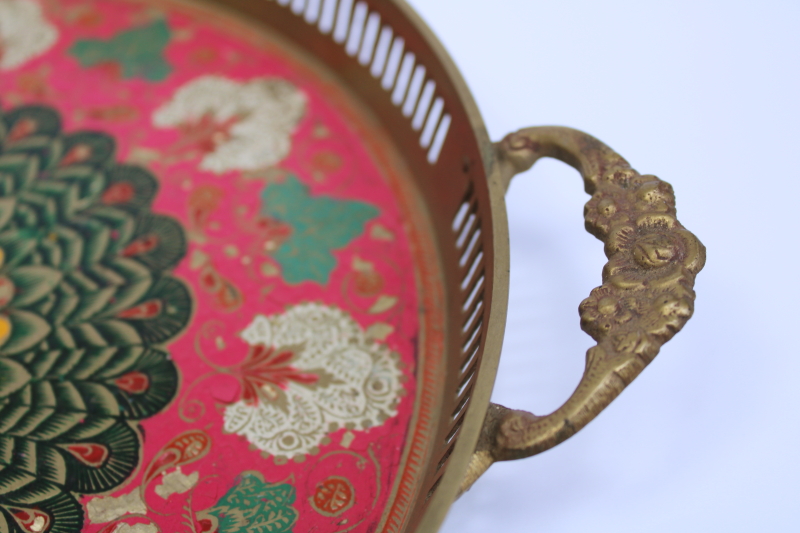 photo of vintage India solid brass tray etched peacock & paisley design, hand painted tray  #5