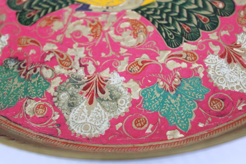 photo of vintage India solid brass tray etched peacock & paisley design, hand painted tray  #6