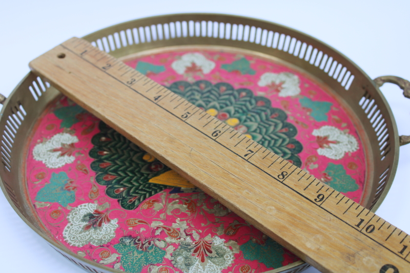 photo of vintage India solid brass tray etched peacock & paisley design, hand painted tray  #7
