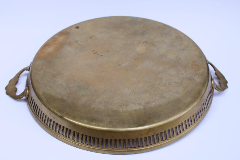 photo of vintage India solid brass tray etched peacock & paisley design, hand painted tray  #8