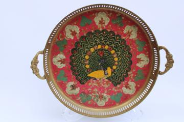 catalog photo of vintage India solid brass tray etched peacock & paisley design, hand painted tray 