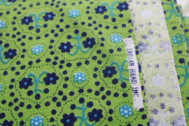 photo of vintage Indian Head heavy cotton fabric, retro print lime green, aqua, blue #2