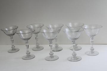 vintage Indian Tree etched stemware, Duncan & Miller coupe champagne glasses or cocktails