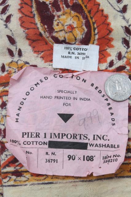 photo of vintage Indian block print cotton fabric bedspread w/ original label, boho hippie retro #4