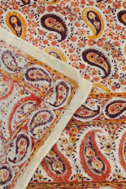 photo of vintage Indian block print cotton fabric bedspread w/ original label, boho hippie retro #9