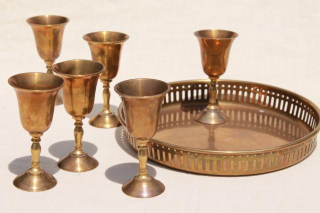 photo of vintage Indian brass tray & set of tiny goblet wine glasses, solid brass #1