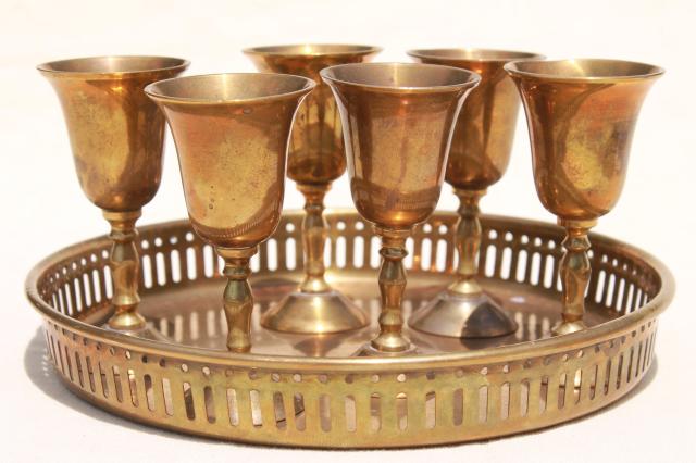 photo of vintage Indian brass tray & set of tiny goblet wine glasses, solid brass #4