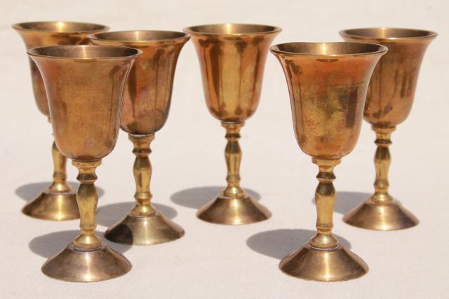 photo of vintage Indian brass tray & set of tiny goblet wine glasses, solid brass #9