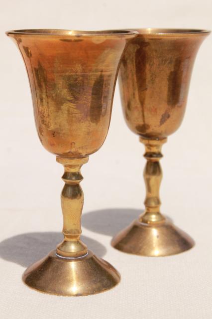 photo of vintage Indian brass tray & set of tiny goblet wine glasses, solid brass #10