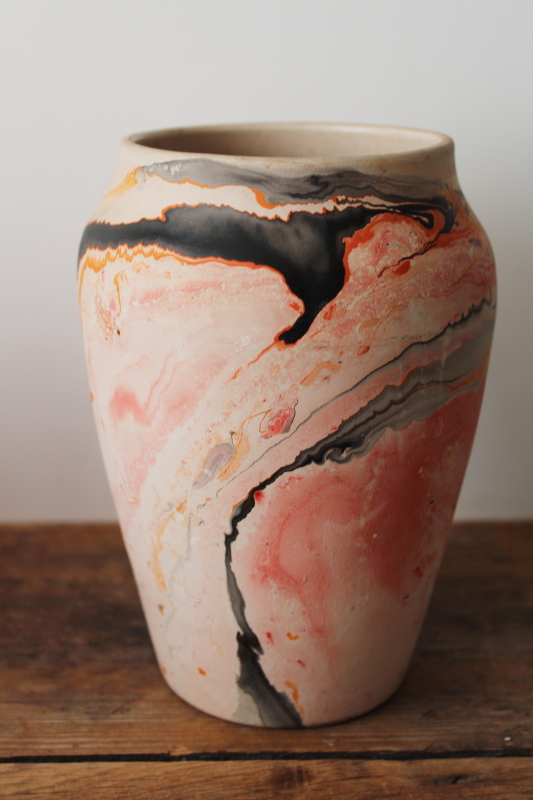 photo of vintage Indian mark Nemadji pottery vase, orange & black marbled swirl matte ceramic  #1