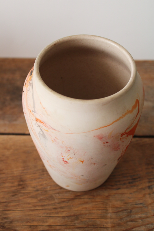 photo of vintage Indian mark Nemadji pottery vase, orange & black marbled swirl matte ceramic  #4