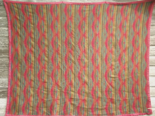 photo of vintage Indian style camp blanket, wool / rayon with cotton binding #2