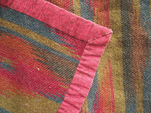 photo of vintage Indian style camp blanket, wool / rayon with cotton binding #4