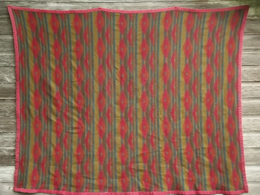 photo of vintage Indian style camp blanket, wool / rayon with cotton binding #5