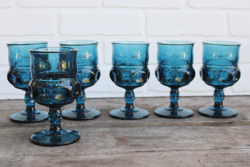 photo of vintage Indiana Colony glass goblets Imperial blue teal color Kings crown water or wine glasses  #1