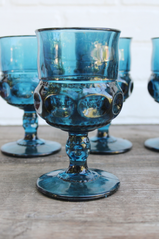 photo of vintage Indiana Colony glass goblets Imperial blue teal color Kings crown water or wine glasses #2
