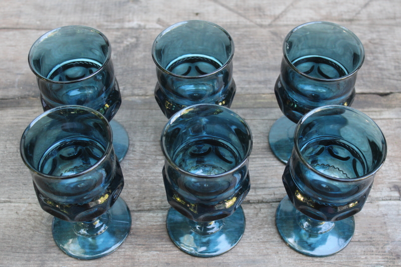 photo of vintage Indiana Colony glass goblets Imperial blue teal color Kings crown water or wine glasses #3