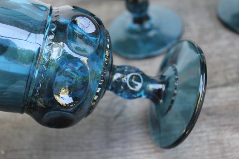 photo of vintage Indiana Colony glass goblets Imperial blue teal color Kings crown water or wine glasses #4