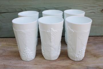 catalog photo of vintage Indiana Colony milk glass drinking glasses, tall tumblers harvest grapes pattern