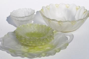 catalog photo of vintage Indiana Wild Rose pattern glass tray, bowls - yellow lime green frosted glass