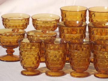 catalog photo of vintage Indiana amber glass glasses set all sizes, Whitehall cube pattern