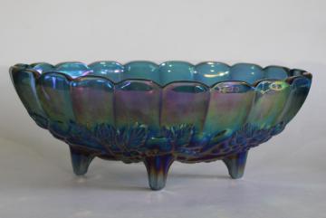 catalog photo of vintage Indiana blue luster carnival glass, fruit garland pattern oval bowl