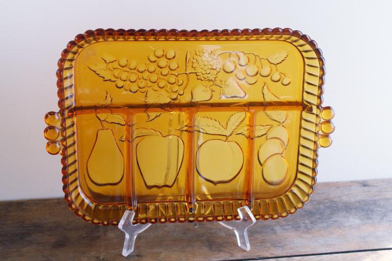 photo of vintage Indiana carnival glass relish tray, marigold color fruit pattern #1