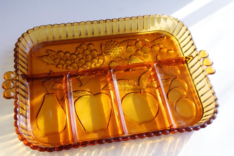 photo of vintage Indiana carnival glass relish tray, marigold color fruit pattern #2