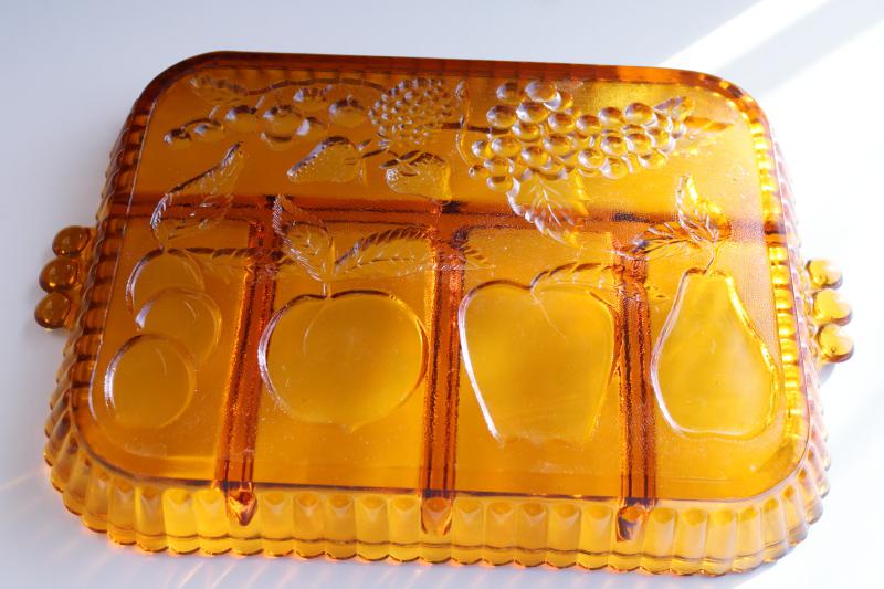 photo of vintage Indiana carnival glass relish tray, marigold color fruit pattern #5
