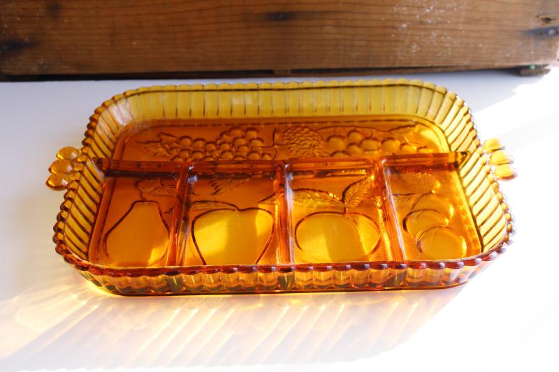 photo of vintage Indiana carnival glass relish tray, marigold color fruit pattern #6