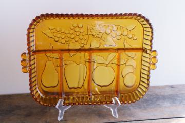 catalog photo of vintage Indiana carnival glass relish tray, marigold color fruit pattern