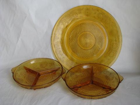 photo of vintage Indiana daisy pattern glass, amber depression glassware, divided bowls & cake plate #1