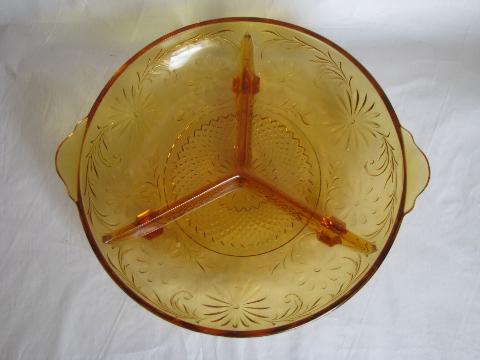 photo of vintage Indiana daisy pattern glass, amber depression glassware, divided bowls & cake plate #2