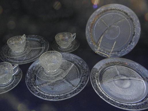 photo of vintage Indiana daisy pattern glass, cups and saucers, divided plates #1