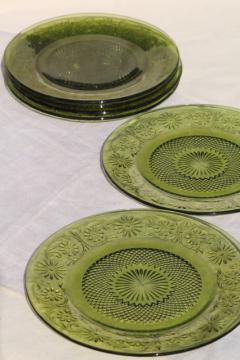 catalog photo of vintage Indiana daisy pattern glass dinner plates set of 6, avocado green glassware