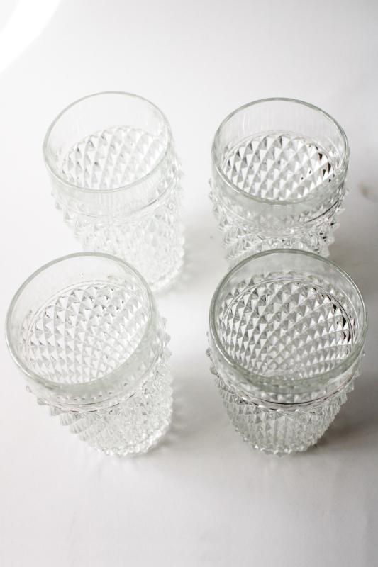 photo of vintage Indiana diamond point pattern pressed glass tumblers, heavy crystal clear glass #2