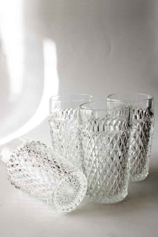 photo of vintage Indiana diamond point pattern pressed glass tumblers, heavy crystal clear glass #3